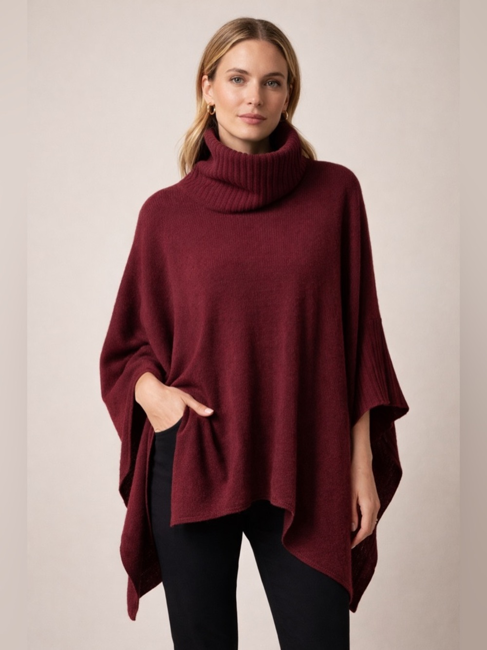 Eileen Fisher Cashmere Merino Wool Poncho Turtleneck Burgundy S/M Luxury Knit